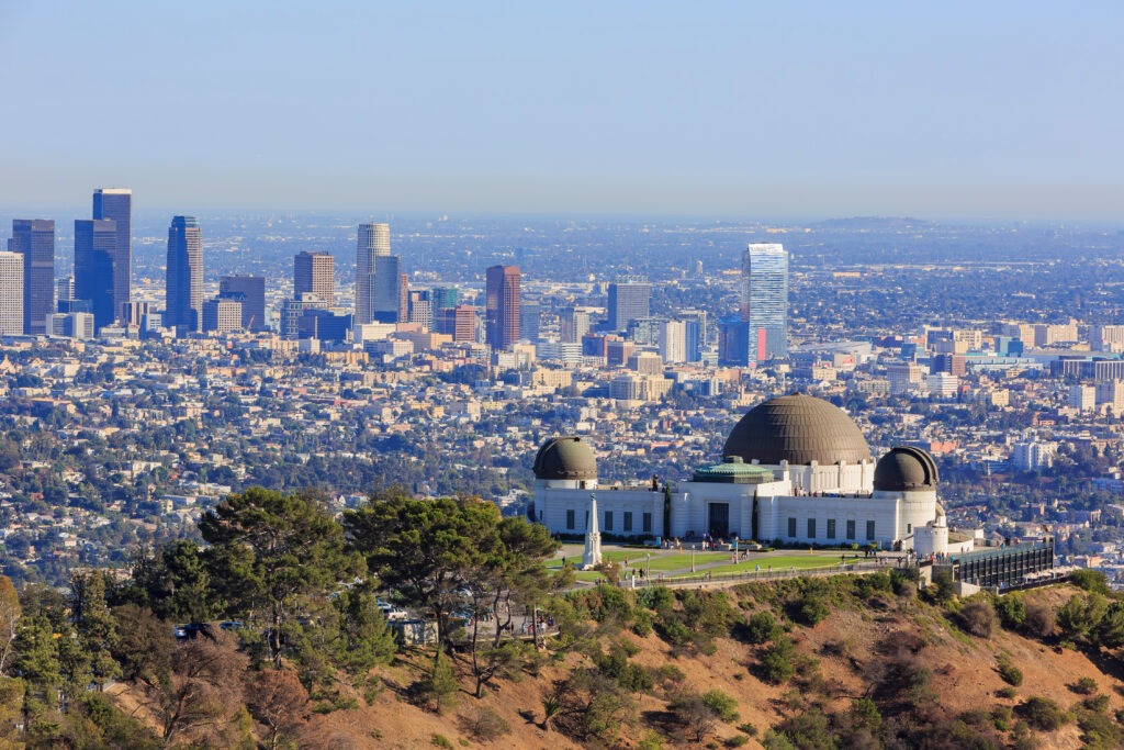 Downtown Culver City afternoon cityscape with Griffith Observatory, California