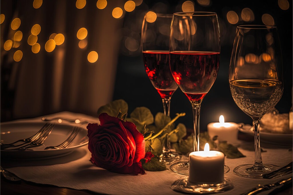Glass of wine with rose for romantic atmosphere upper ivy apartments valentines day